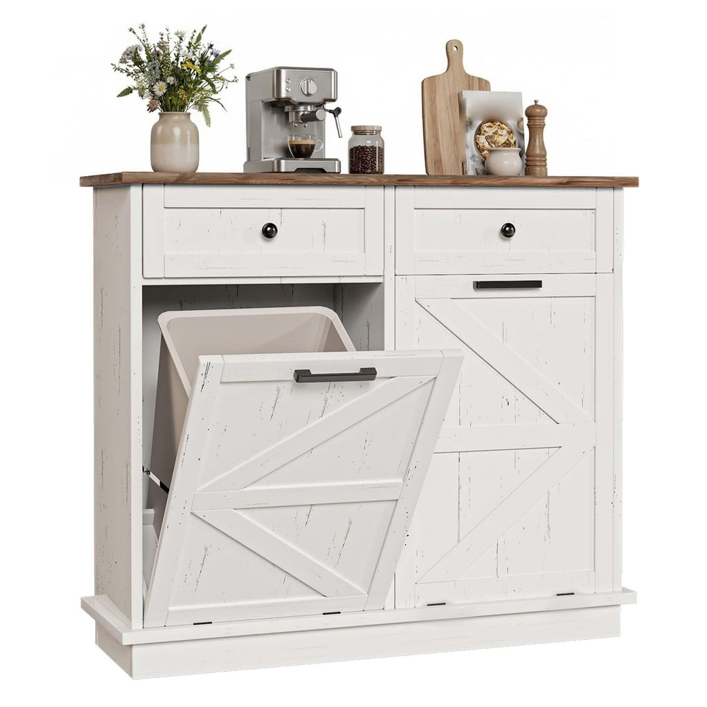 White Double Tilt Out Trash Can Cabinet with 2 Storage Drawers Y712