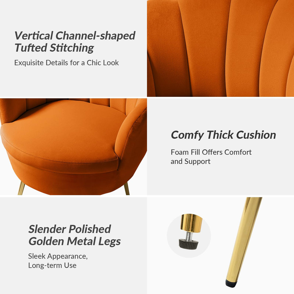Orange Velvet Channel Tufted Accent Chair with Gold Legs Y736972