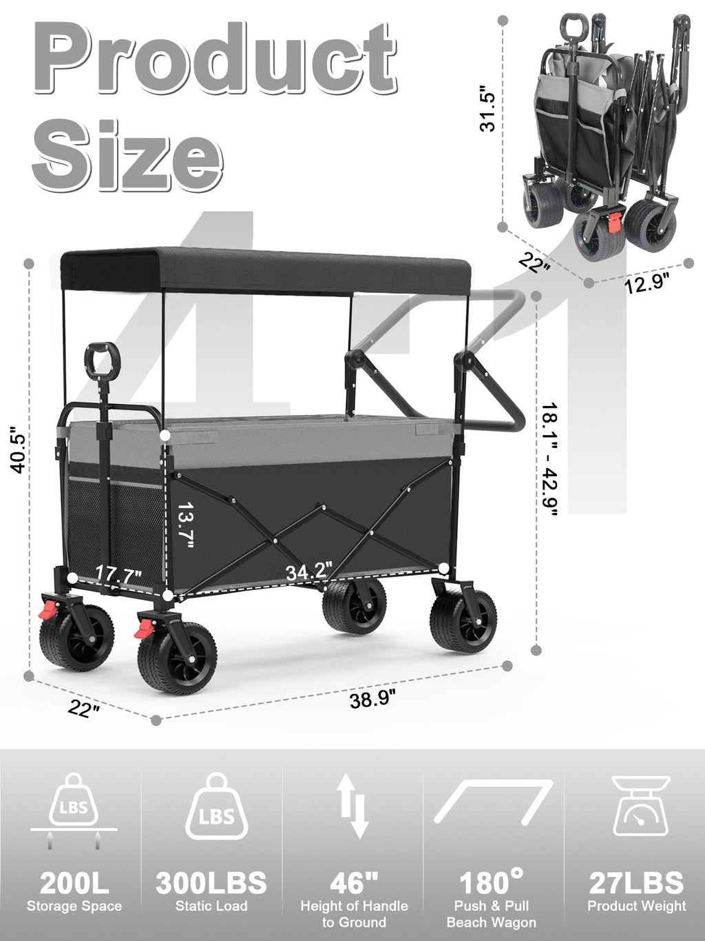 Collapsible Wagon with Canopy Black W4085