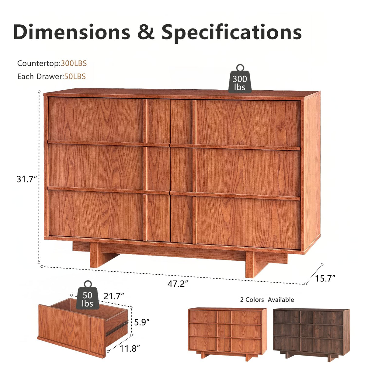 47" Wide 6 Drawer Dresser and Nightstand Set 3 Piece, Cherry U119747