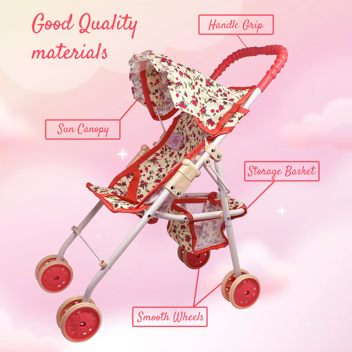 Baby Doll Stroller with Storage Basket, Foldable Frame, Canopy, Seatbelt W729023