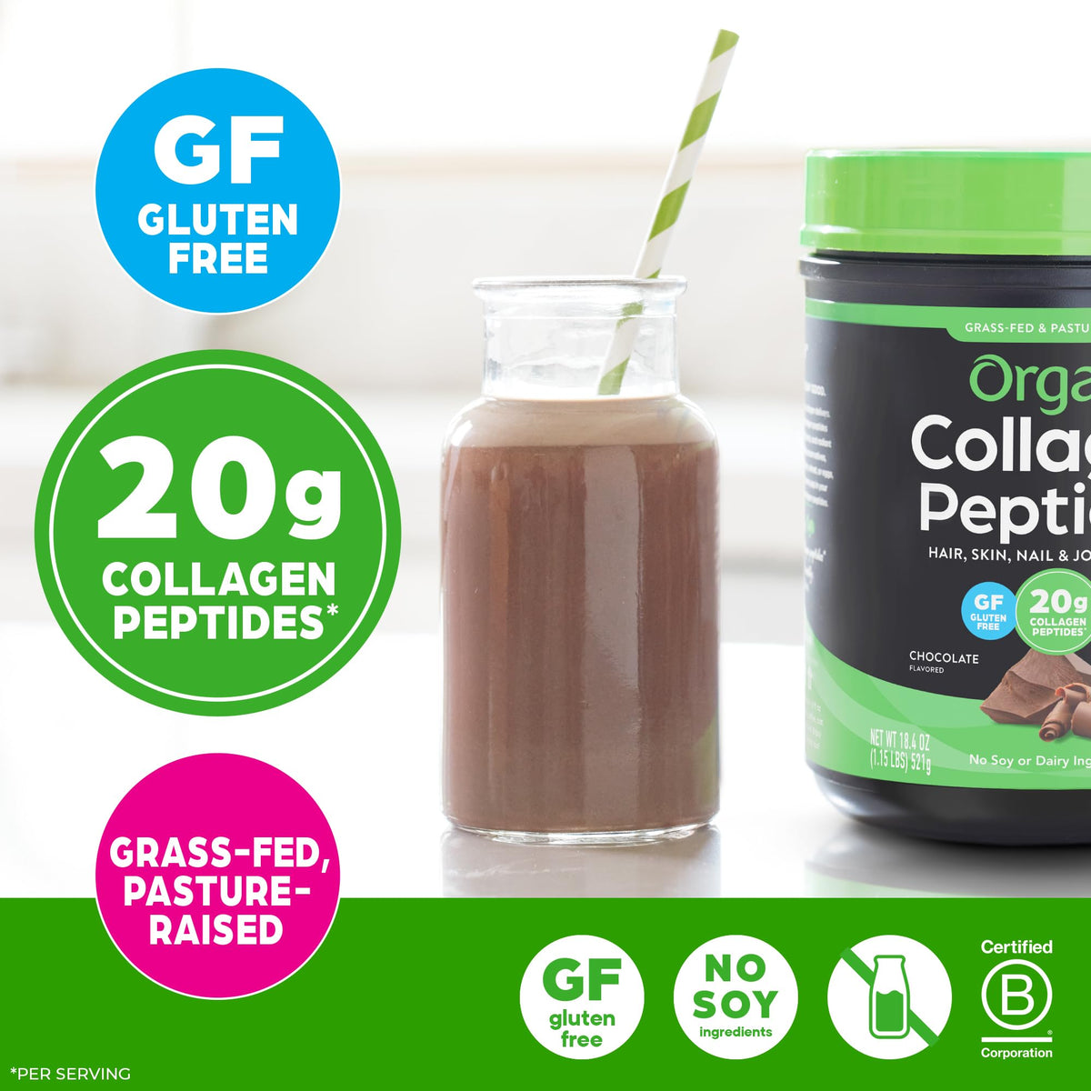 Hydrolyzed Collagen Peptides Powder, Chocolate, 1lb G96358