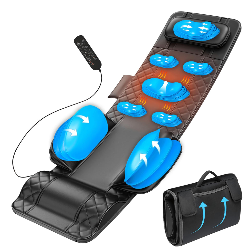 Full Body Massage Mat with Heat, 3D Stretching Back Massager Pad, 4 Modes 3 Intensities 3 Heat Levels, Portable Foldable PU Leather P1135