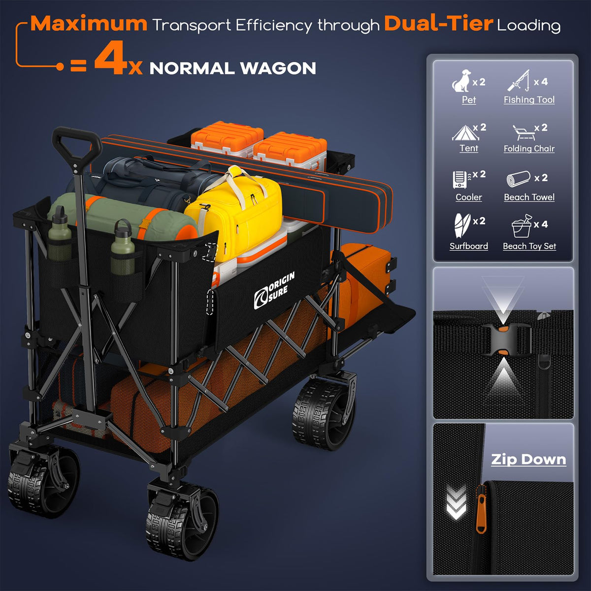 Foldable Double Decker Wagon, 560lbs, Black J99908