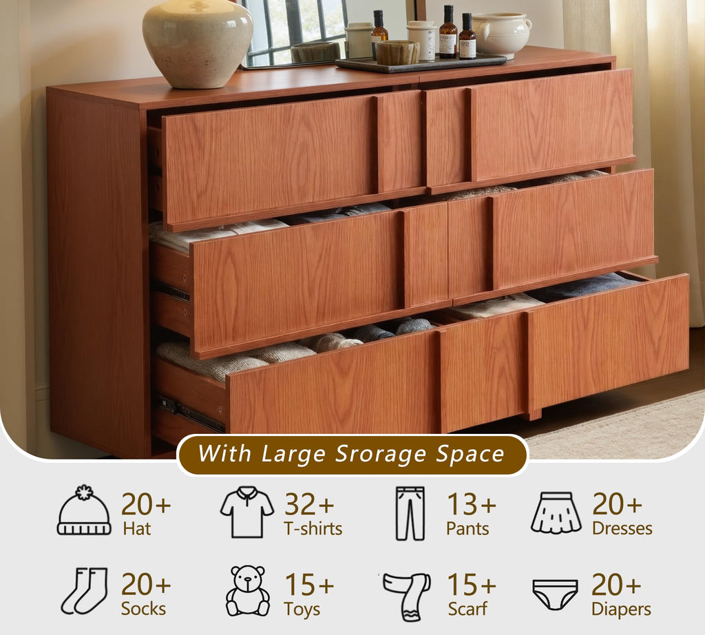 47" Wide 6 Drawer Dresser and Nightstand Set 3 Piece, Cherry U119747