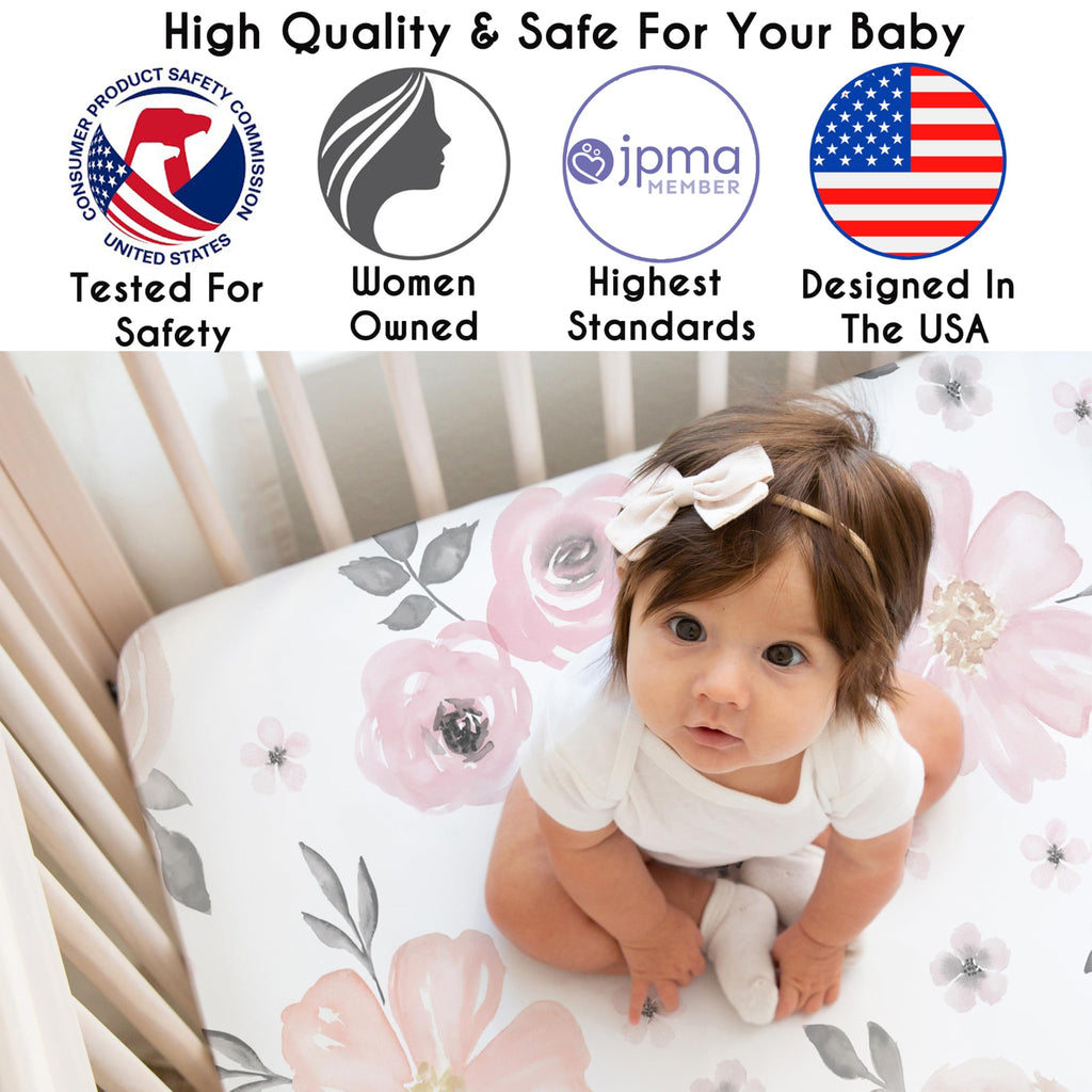 3-Piece Baby Crib Sheets Set Pink Floral Fitted Standard Size D348