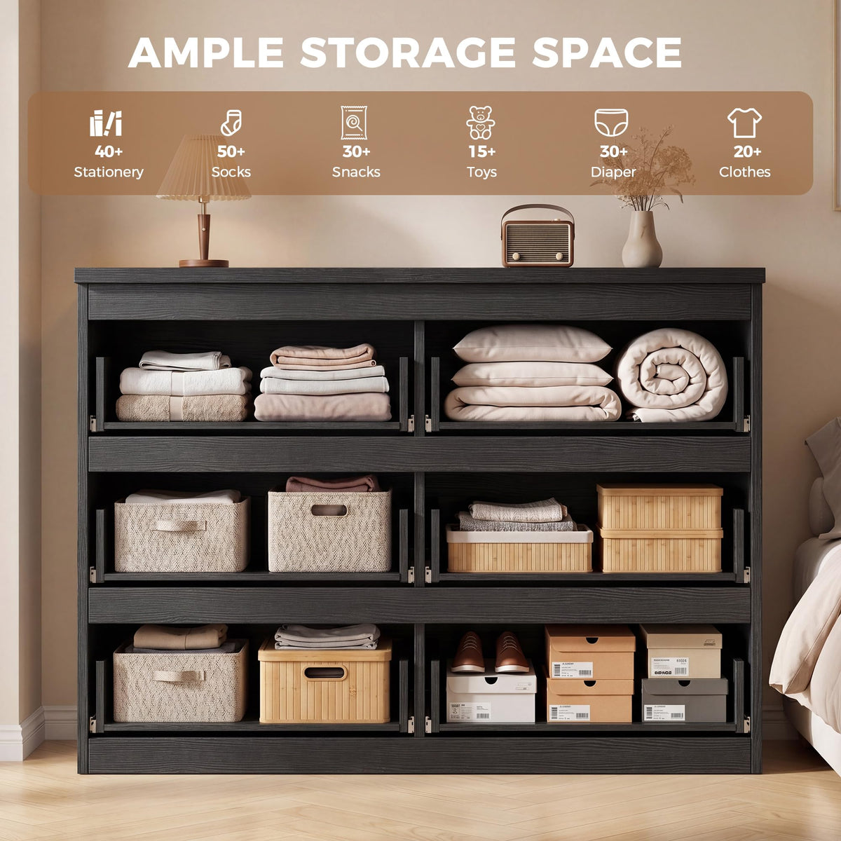 Black 6 Drawer Wood Double Dresser H888246