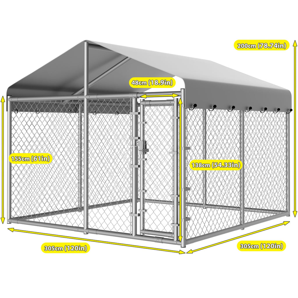 10 x 10 x 6.56 ft Galvanized Chain Link Dog Kennel with Roof B431221
