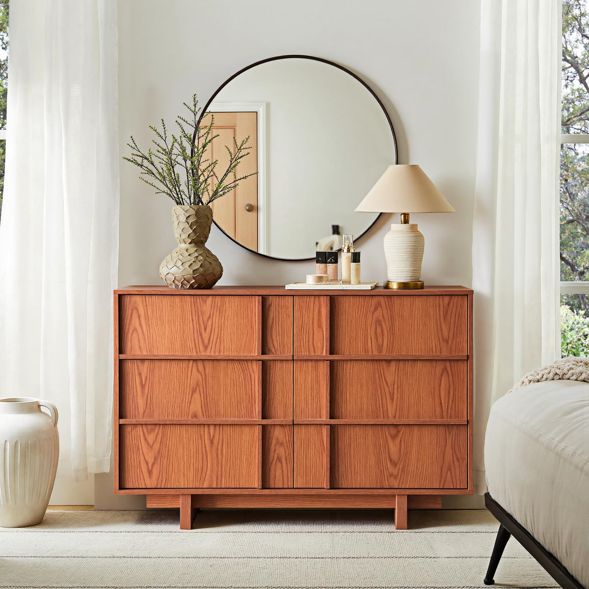 47" Wide 6 Drawer Dresser and Nightstand Set 3 Piece, Cherry U119747