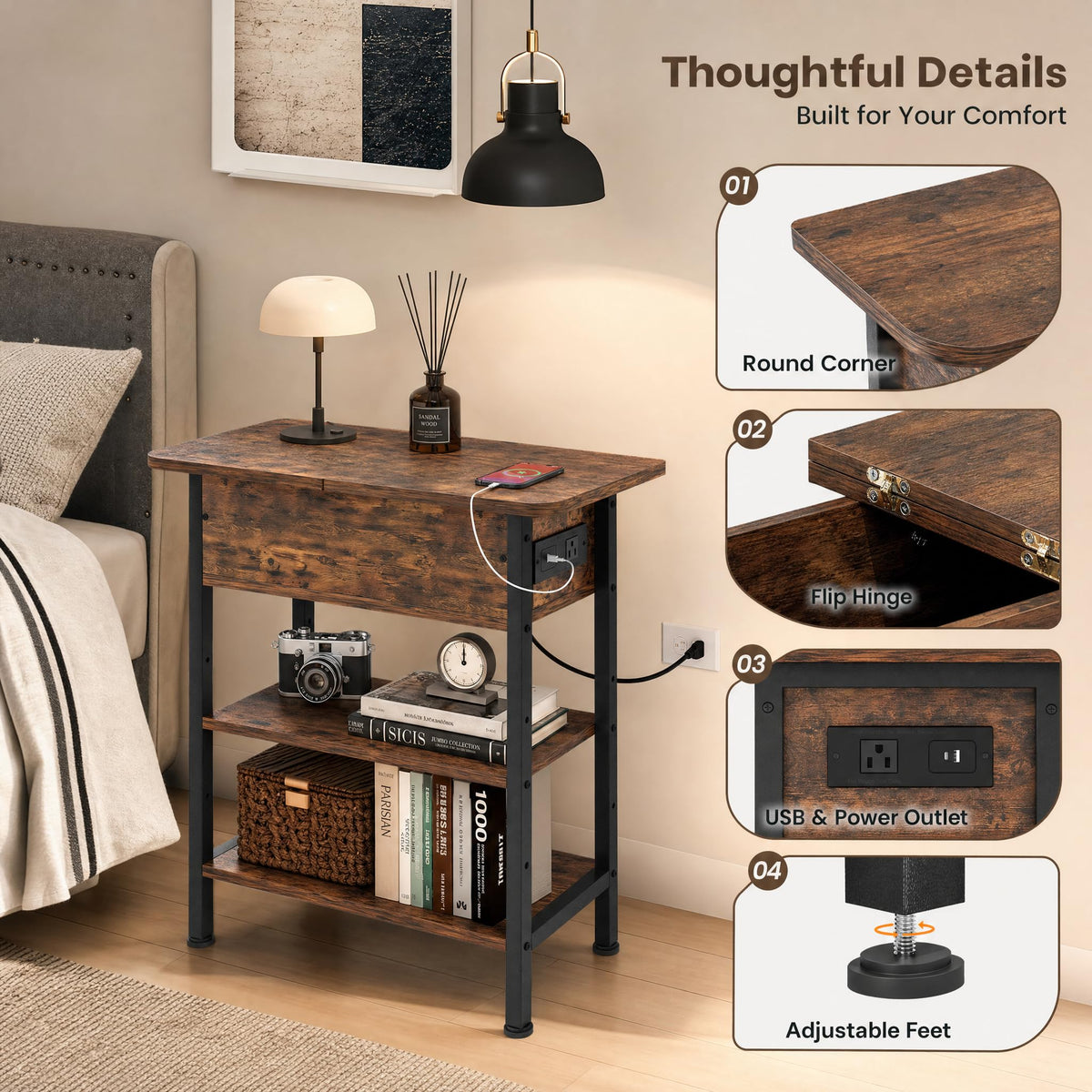 Brown Flip Top End Table with Charging Station and 3 Tier Storage X68669