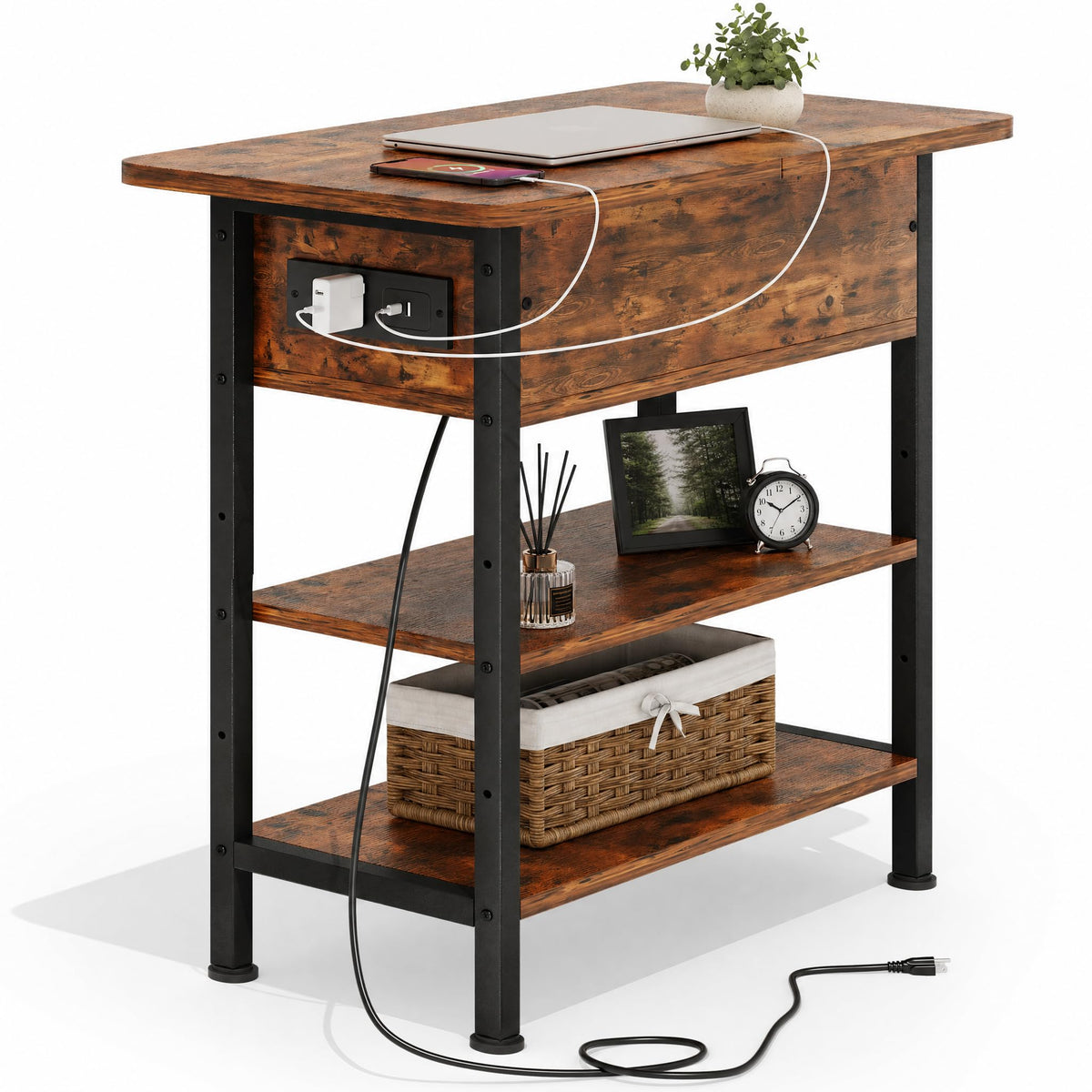 Brown Flip Top End Table with Charging Station and 3 Tier Storage X68669