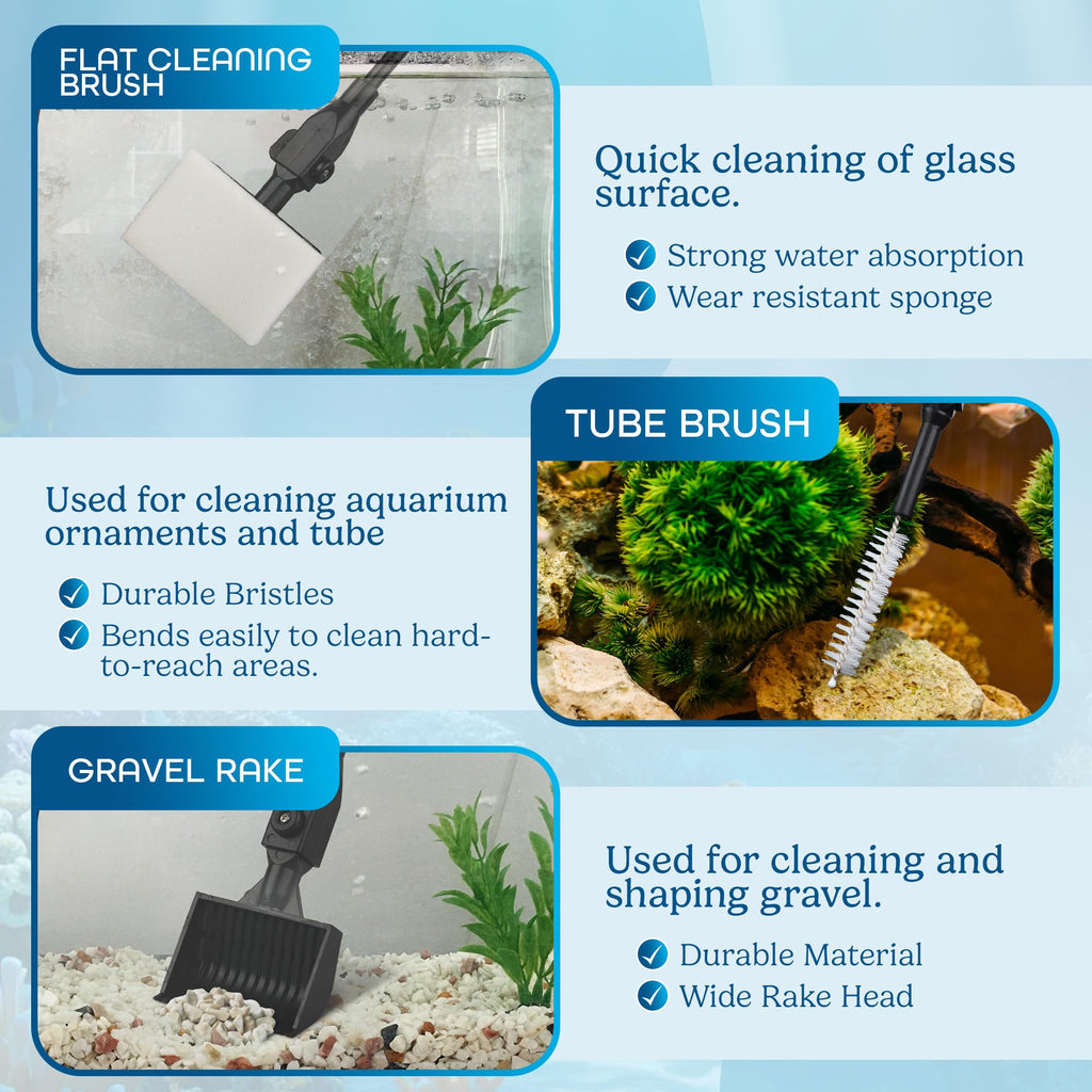 7 in 1 Aquarium Cleaning Kit with Algae Scraper, Fish Net, Gravel Rake & Brush X7409