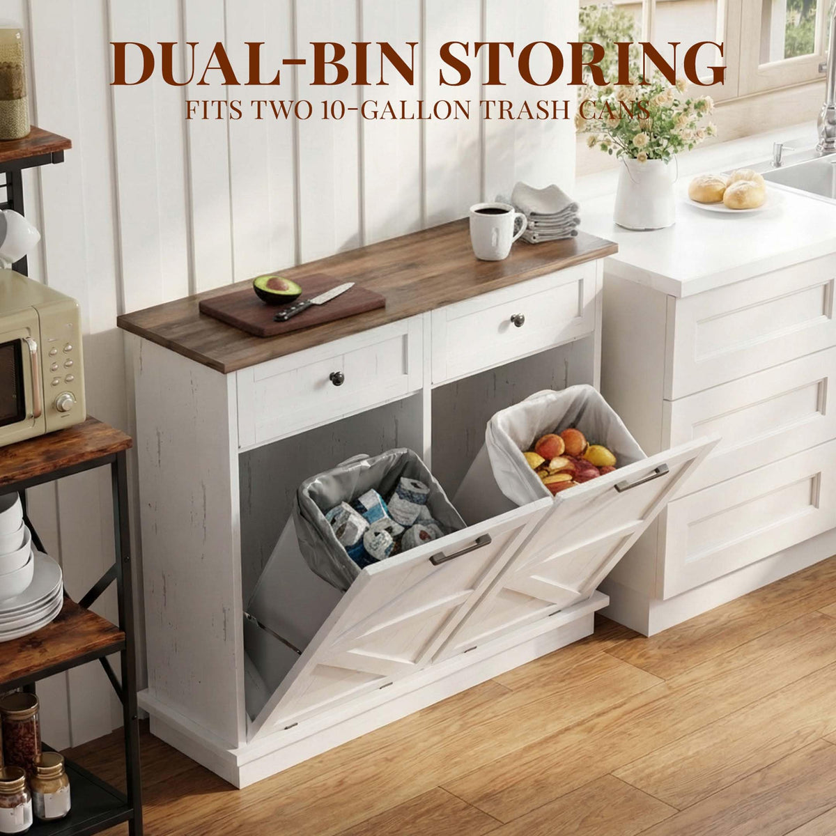White Double Tilt Out Trash Can Cabinet with 2 Storage Drawers Y712