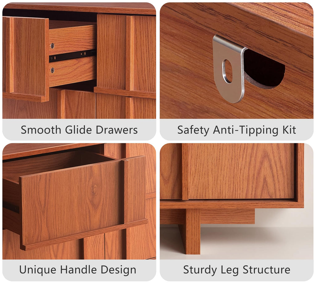 47" Wide 6 Drawer Dresser and Nightstand Set 3 Piece, Cherry U119747