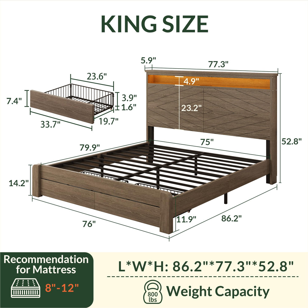 King Size Brown Wooden Platform Bed Frame with Headboard R268