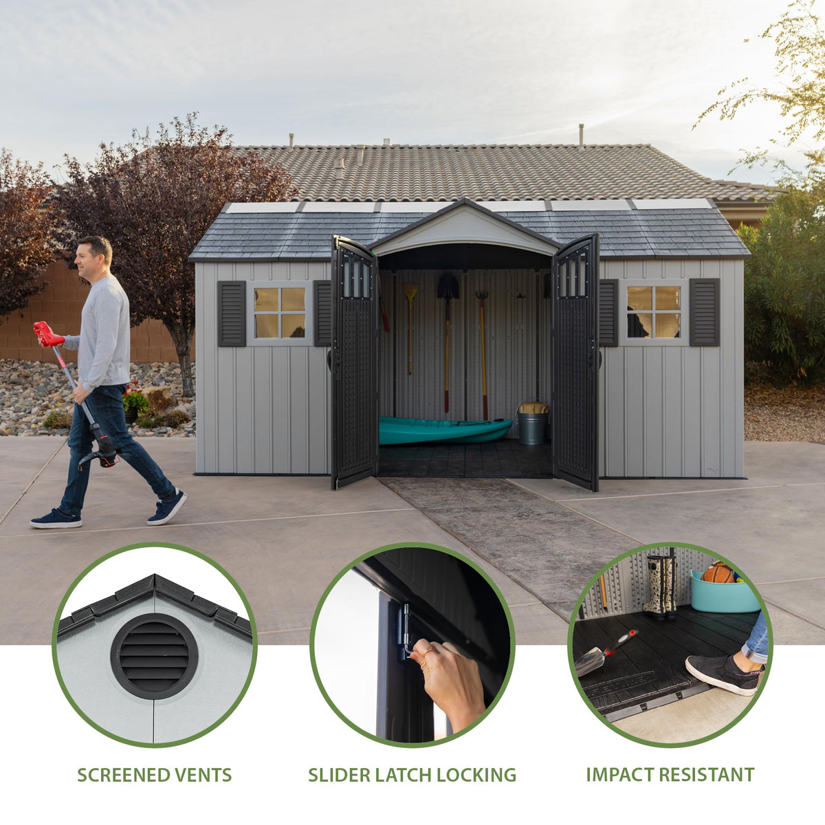 15x8 Ft Gray Resin Outdoor Storage Shed with Lockable Doors D371480
