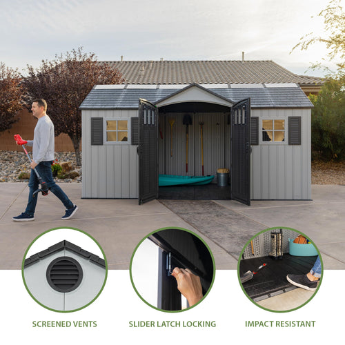15x8 Ft Gray Resin Outdoor Storage Shed with Lockable Doors D371480