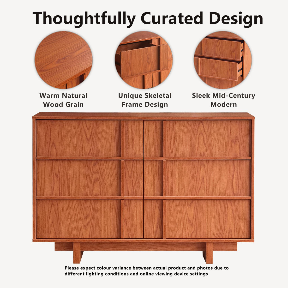 47" Wide 6 Drawer Dresser and Nightstand Set 3 Piece, Cherry U119747
