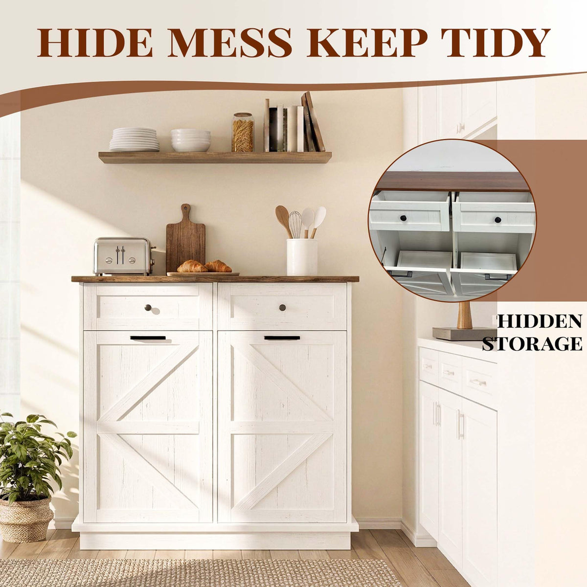 White Double Tilt Out Trash Can Cabinet with 2 Storage Drawers Y712