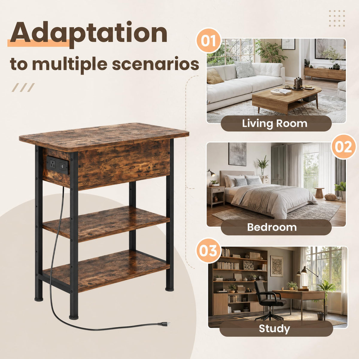 Brown Flip Top End Table with Charging Station and 3 Tier Storage X68669
