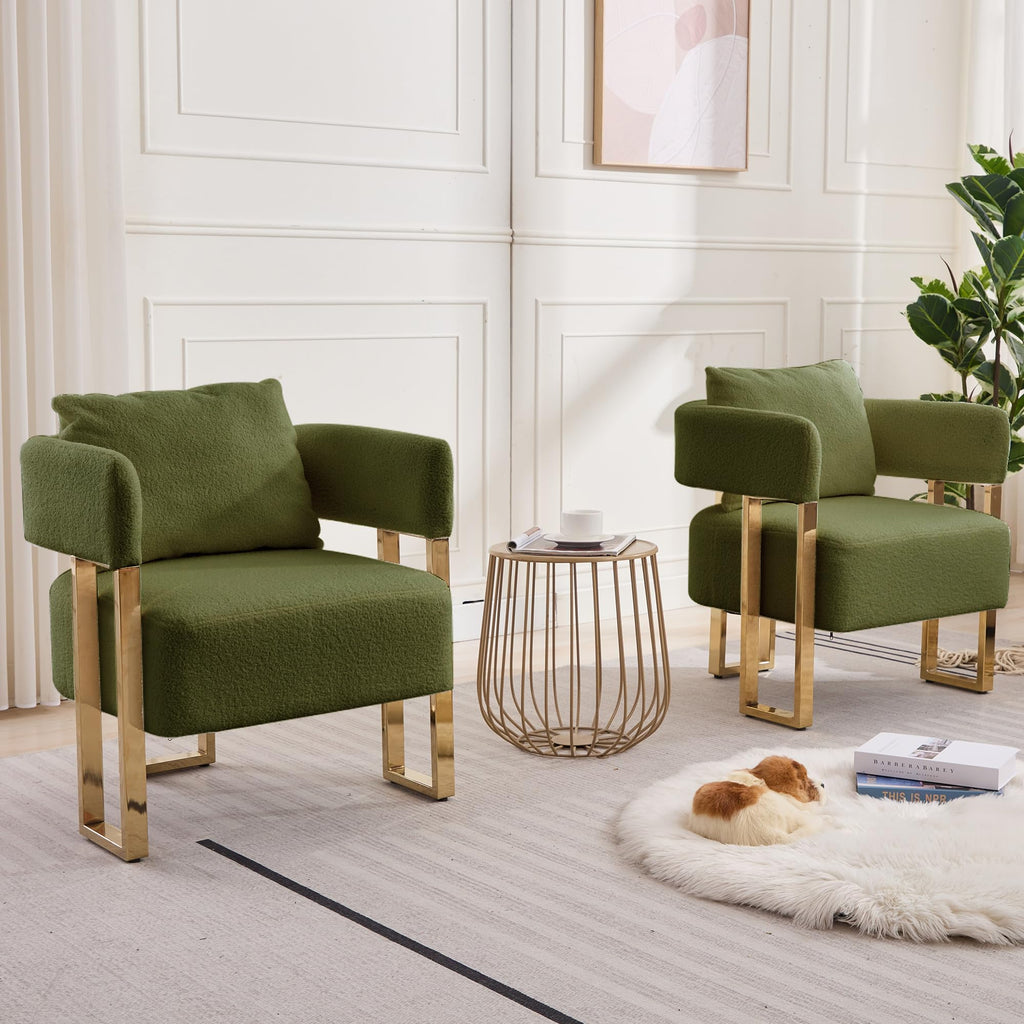 Green Teddy Upholstered Arm Chairs Set of 2 with Metal Legs M125