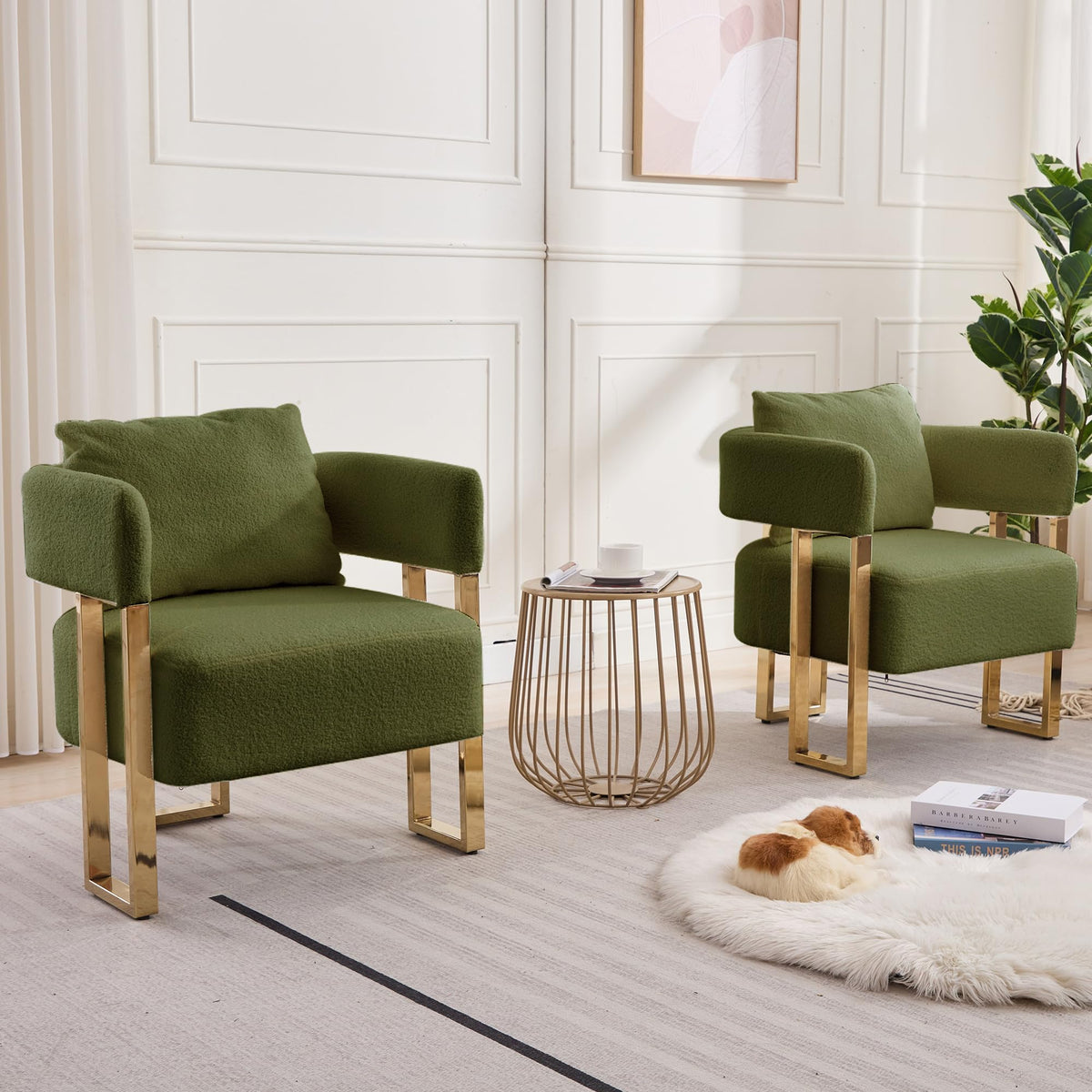 Green Teddy Upholstered Arm Chairs Set of 2 with Metal Legs M125