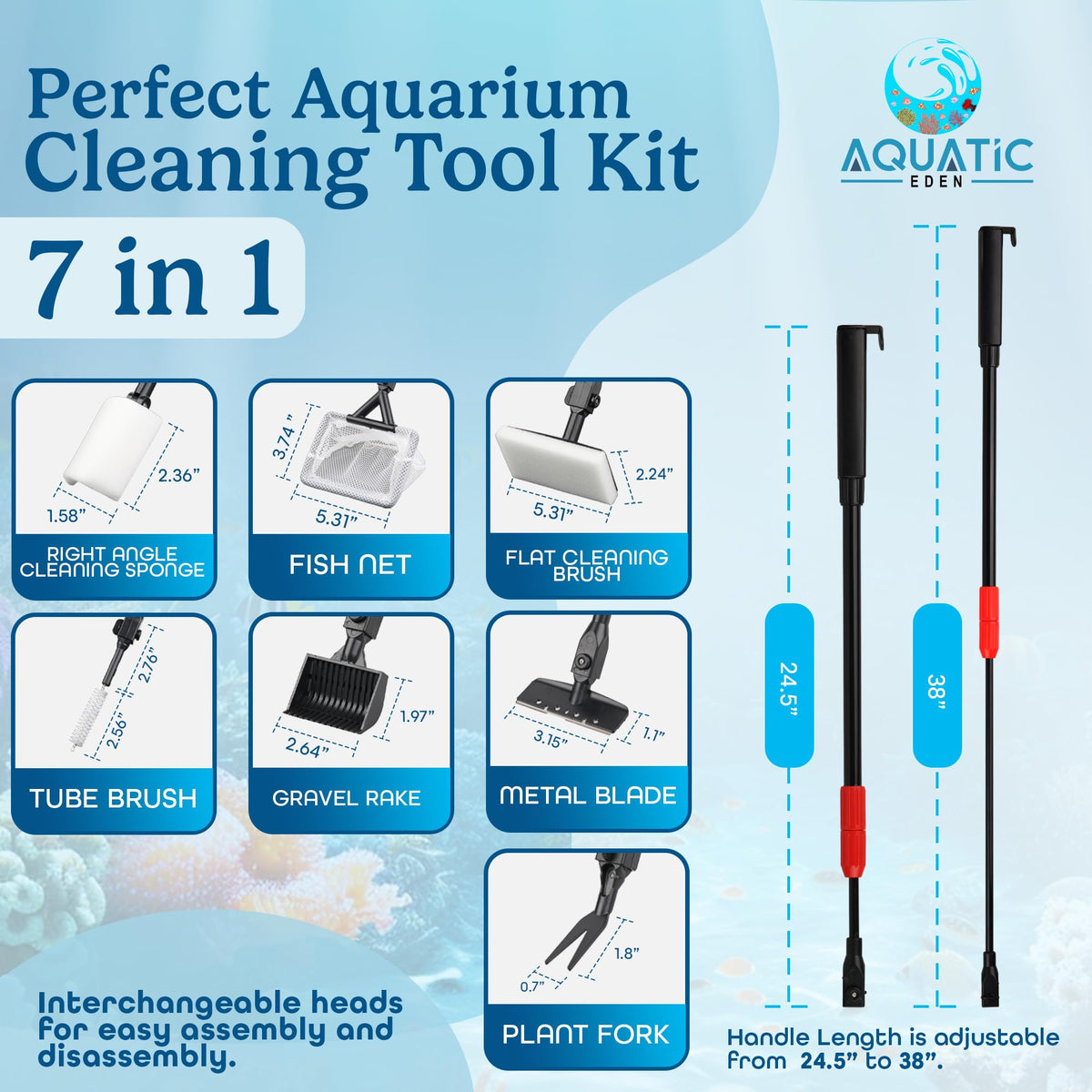 7 in 1 Aquarium Cleaning Kit with Algae Scraper, Fish Net, Gravel Rake & Brush X7409