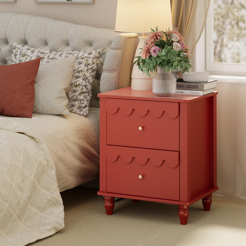 Red 2 Drawer Nightstand with Solid Wood Legs O715