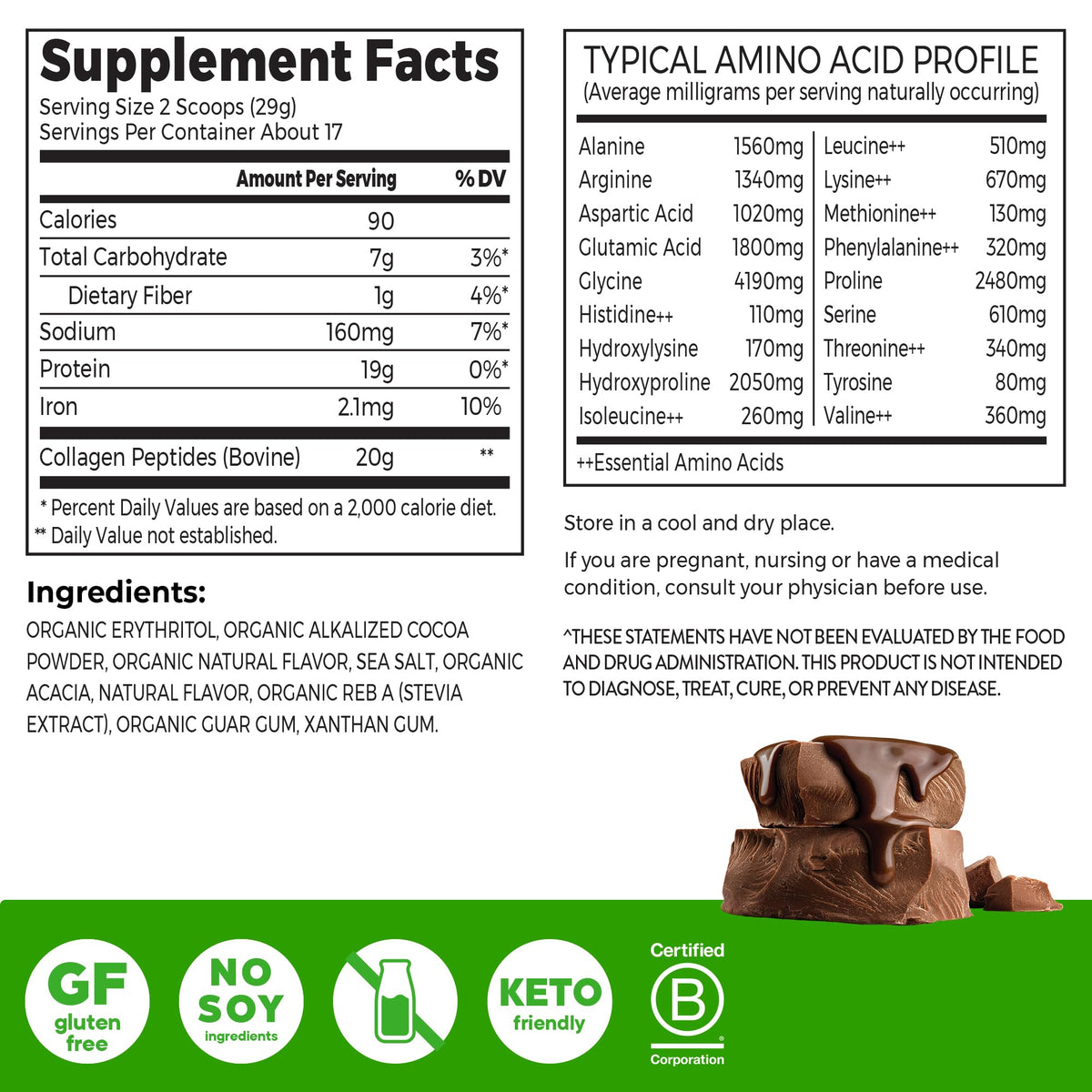 Hydrolyzed Collagen Peptides Powder, Chocolate, 1lb G96358