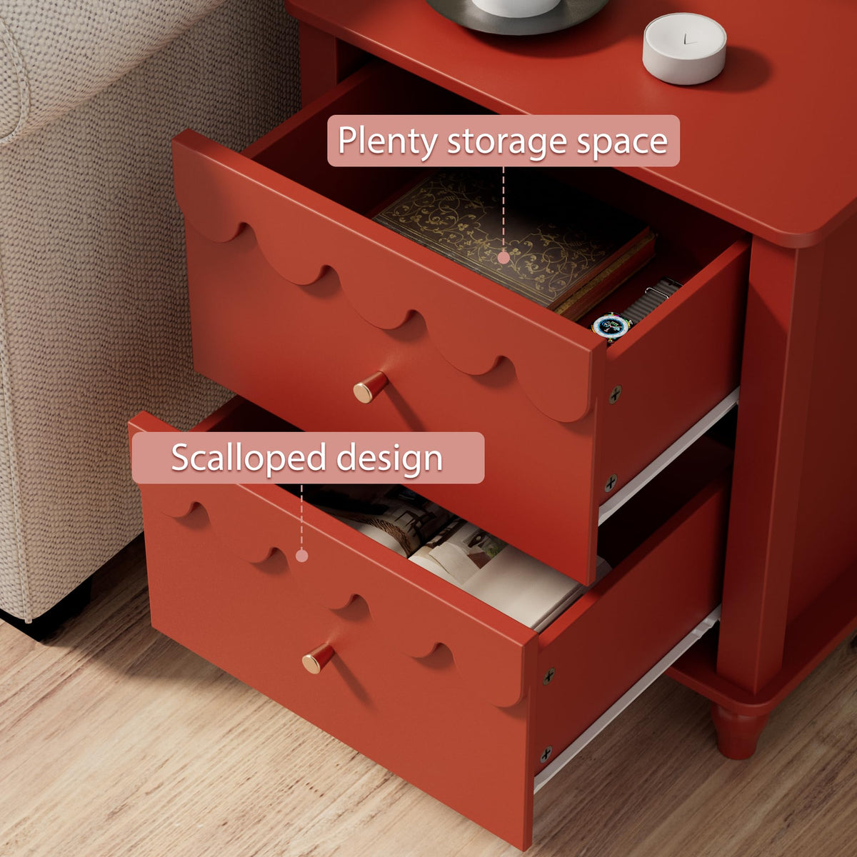 Red 2 Drawer Nightstand with Solid Wood Legs O715