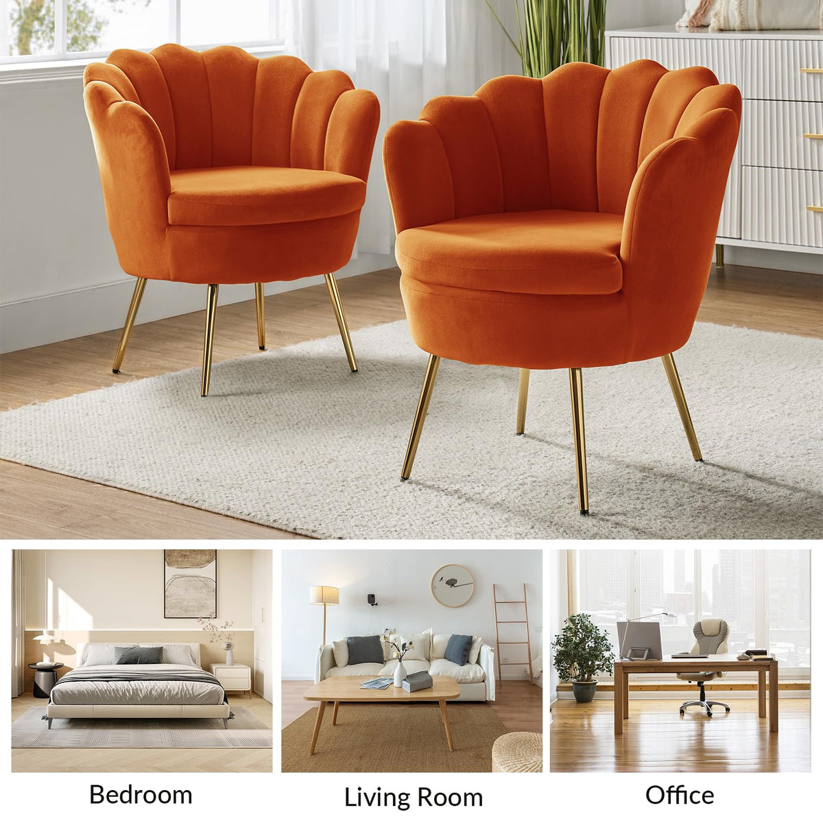 Orange Velvet Channel Tufted Accent Chair with Gold Legs Y736972