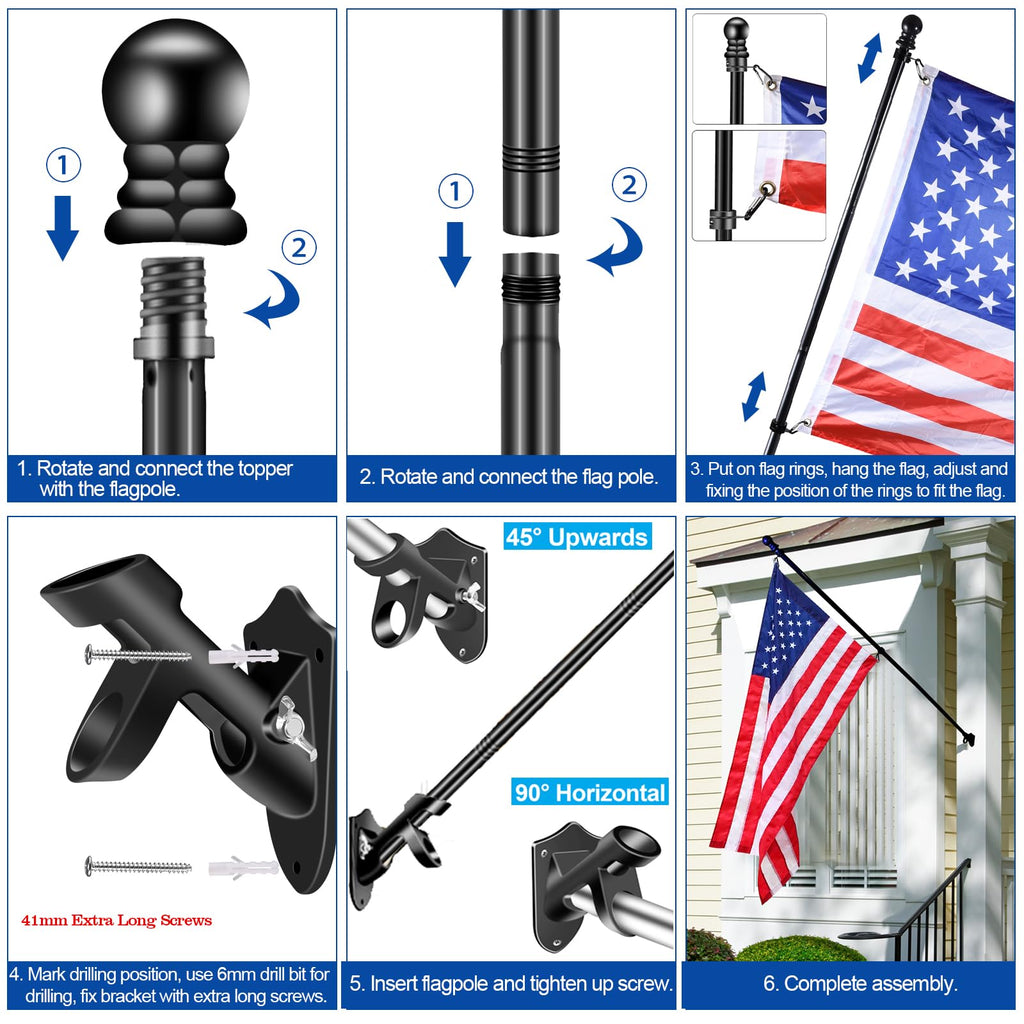 Black 5 FT Stainless Steel Wall Mount Flag Pole Kit D8755