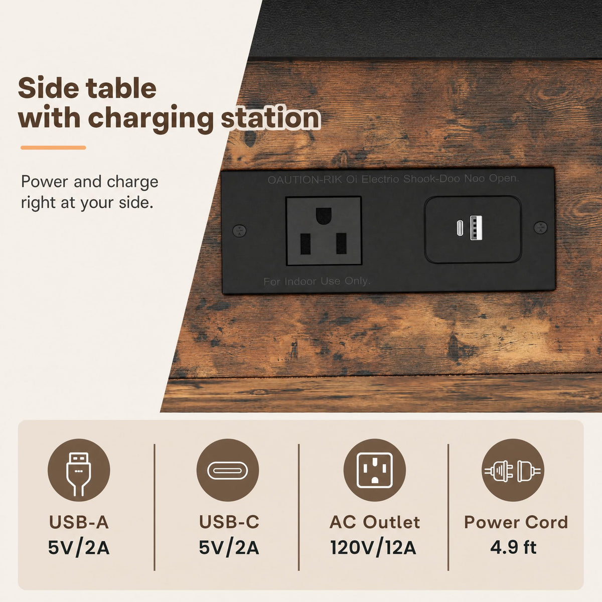 Brown Flip Top End Table with Charging Station and 3 Tier Storage X68669