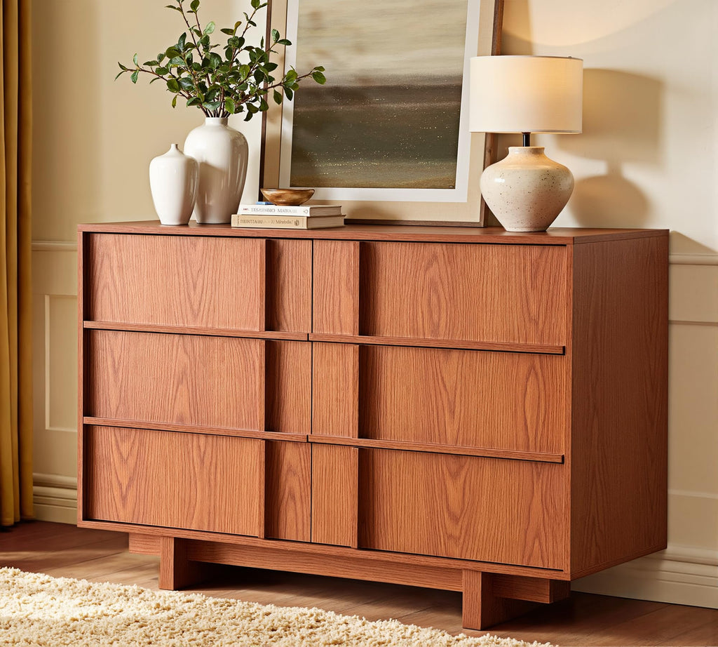 47" Wide 6 Drawer Dresser and Nightstand Set 3 Piece, Cherry U119747