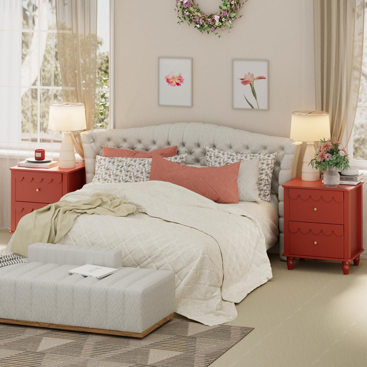 Red 2 Drawer Nightstand with Solid Wood Legs O715