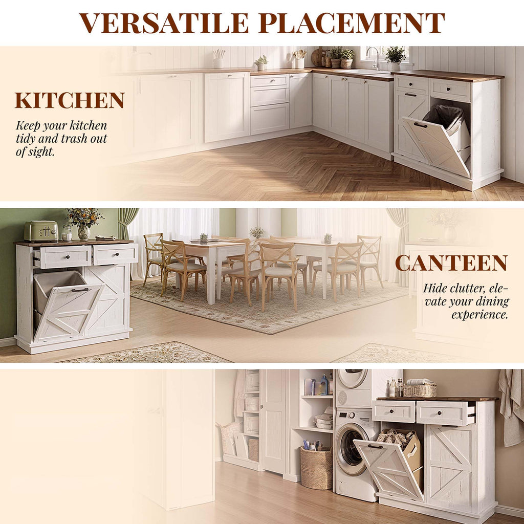 White Double Tilt Out Trash Can Cabinet with 2 Storage Drawers Y712