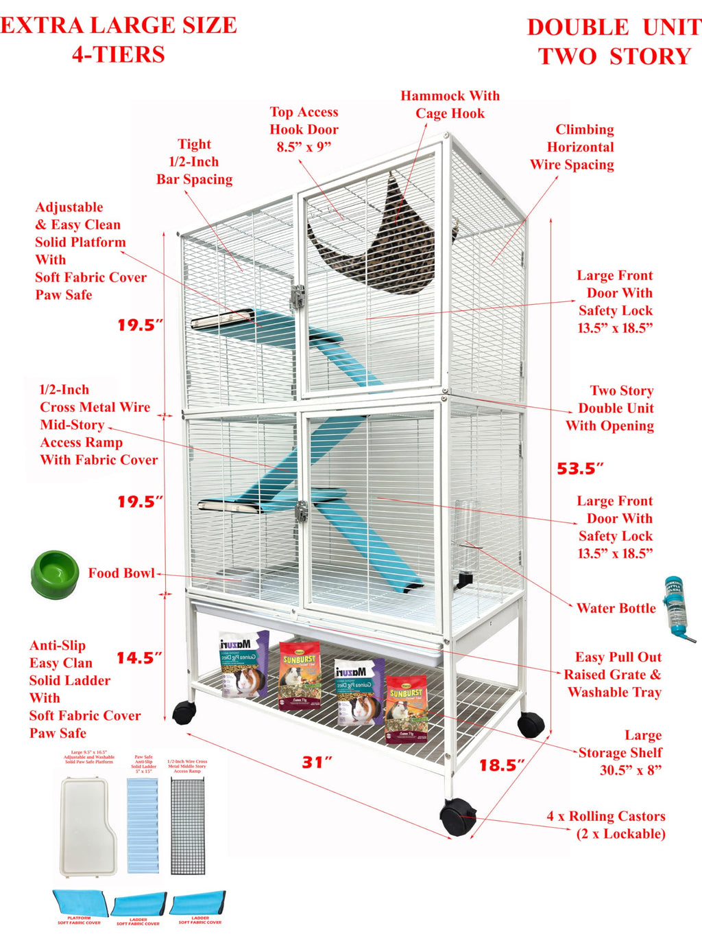X-Large 4-Tiers Two Full Story Double Unit Critter Home On Wheels O56427