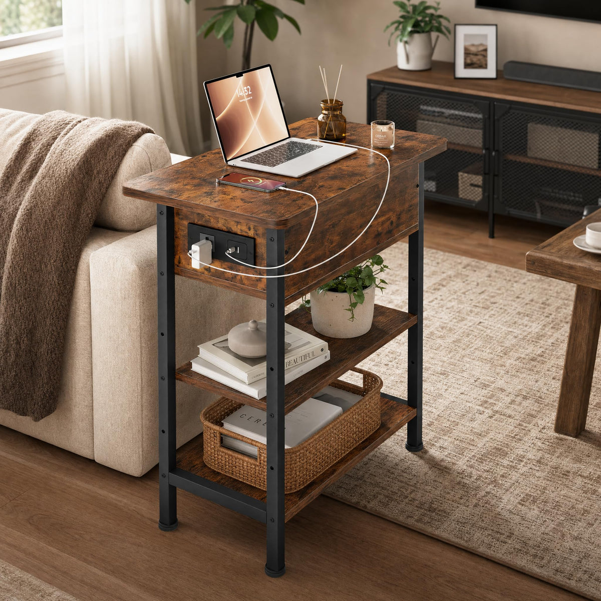 Brown Flip Top End Table with Charging Station and 3 Tier Storage X68669