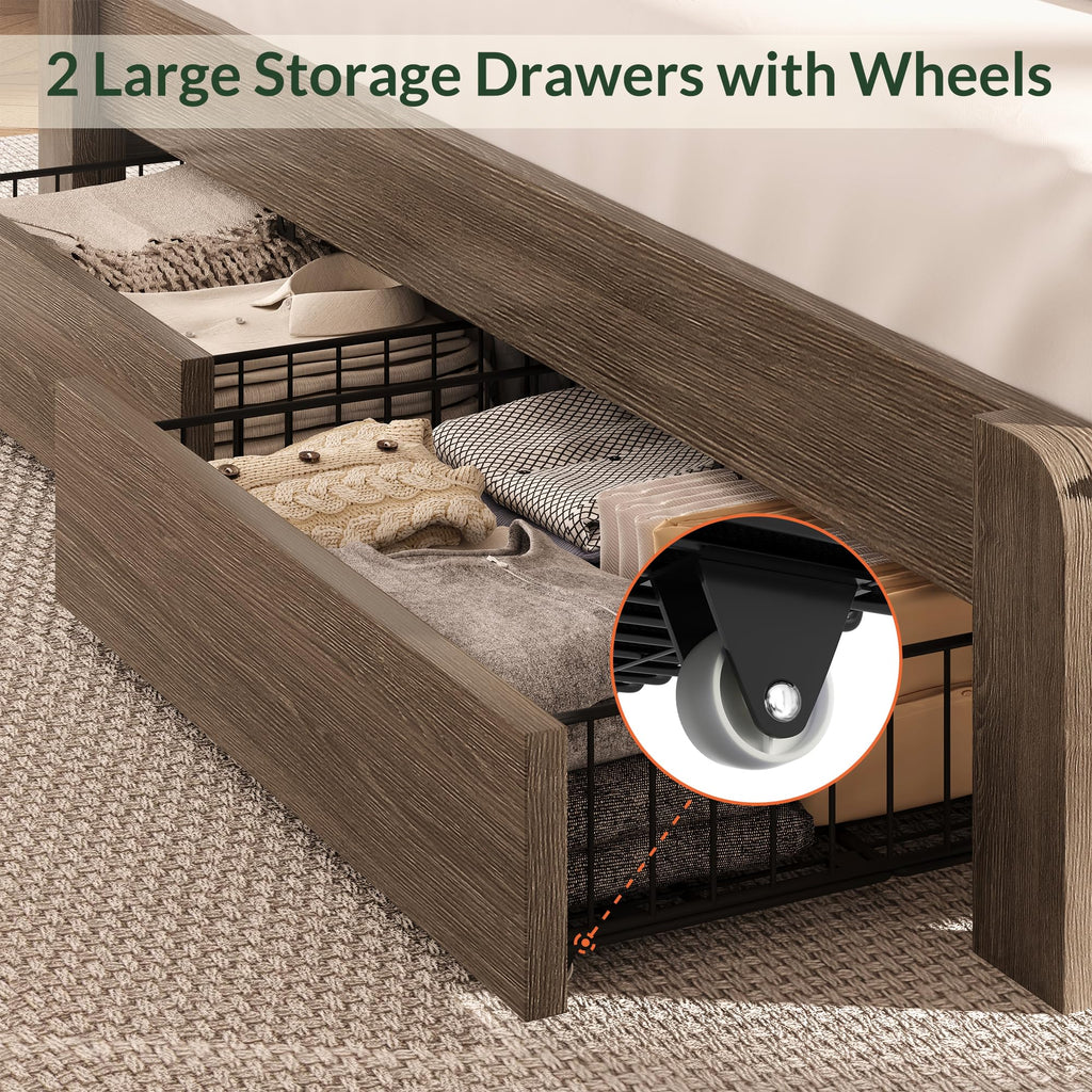 King Size Brown Wooden Platform Bed Frame with Headboard R268