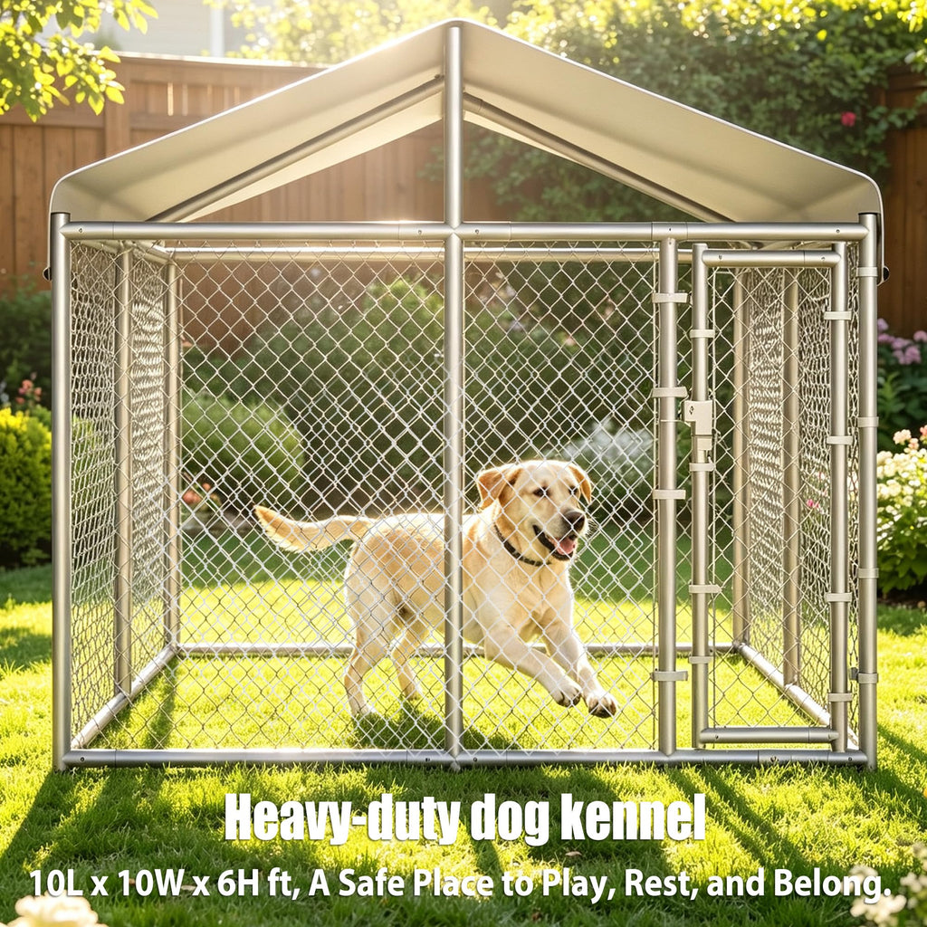 10 x 10 x 6.56 ft Galvanized Chain Link Dog Kennel with Roof B431221