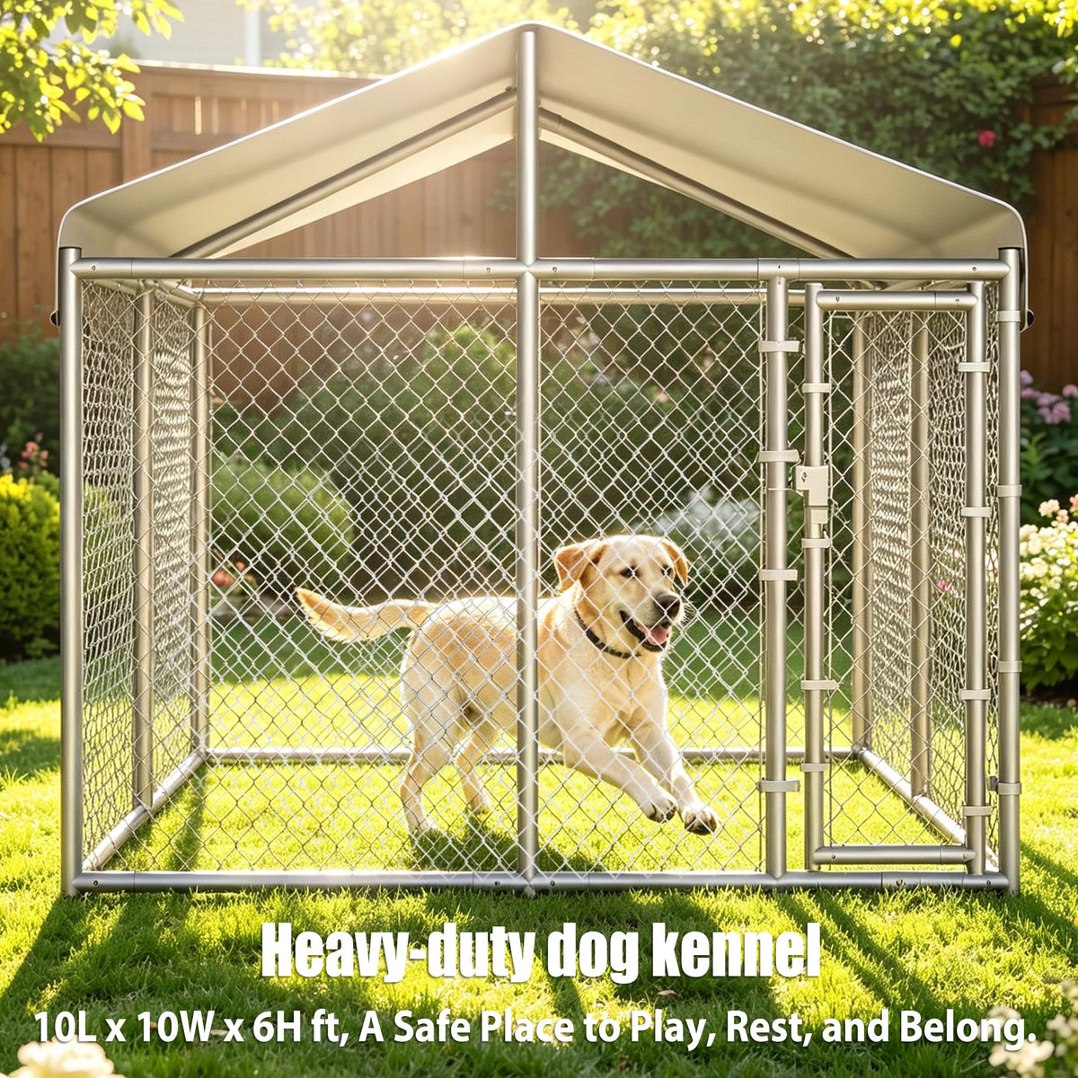 10 x 10 x 6.56 ft Galvanized Chain Link Dog Kennel with Roof B431221