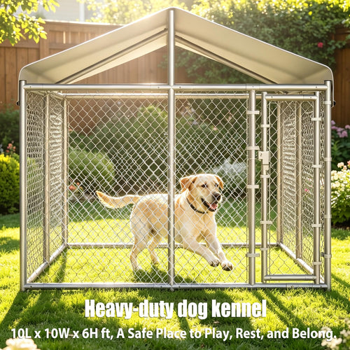 10 x 10 x 6.56 ft Galvanized Chain Link Dog Kennel with Roof B431221
