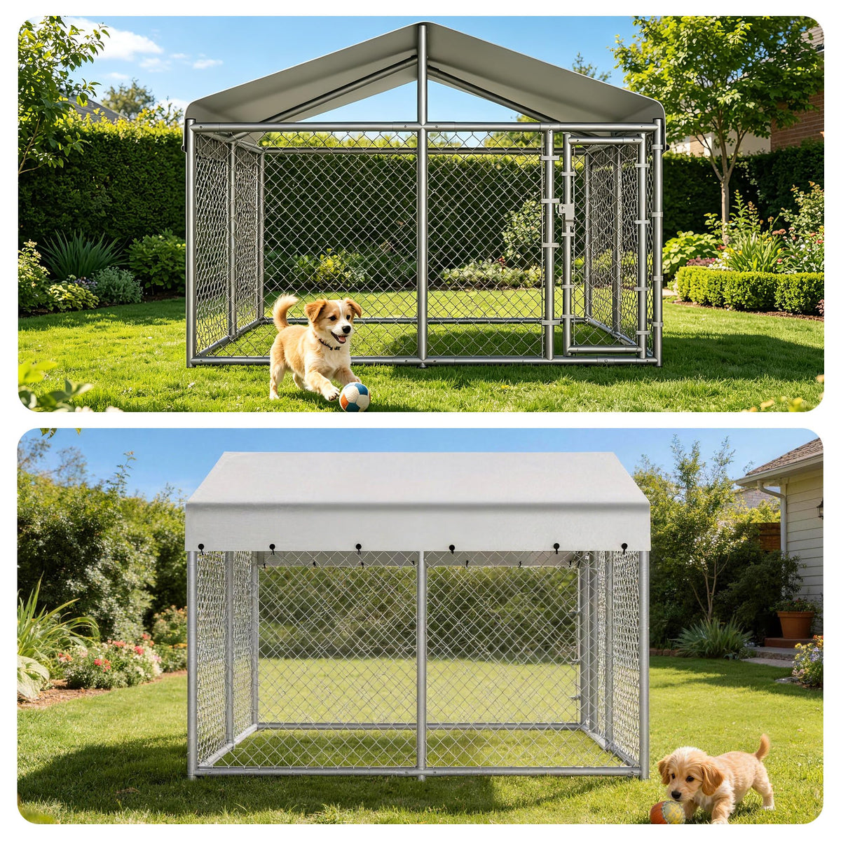 10 x 10 x 6.56 ft Galvanized Chain Link Dog Kennel with Roof B431221
