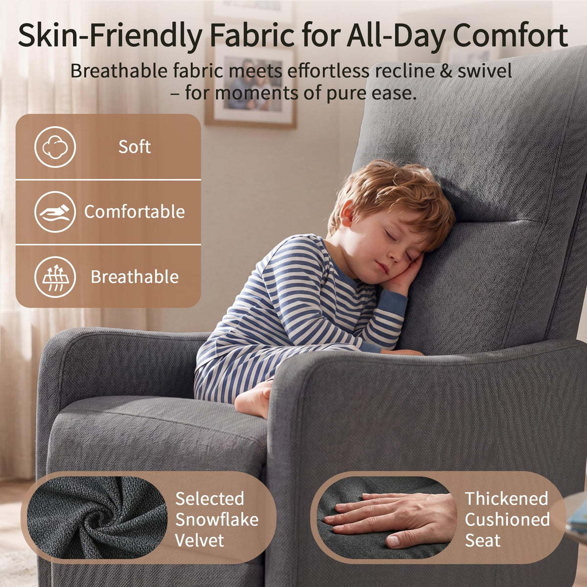Dark Gray Velvet Swivel Rocker Chair R7523