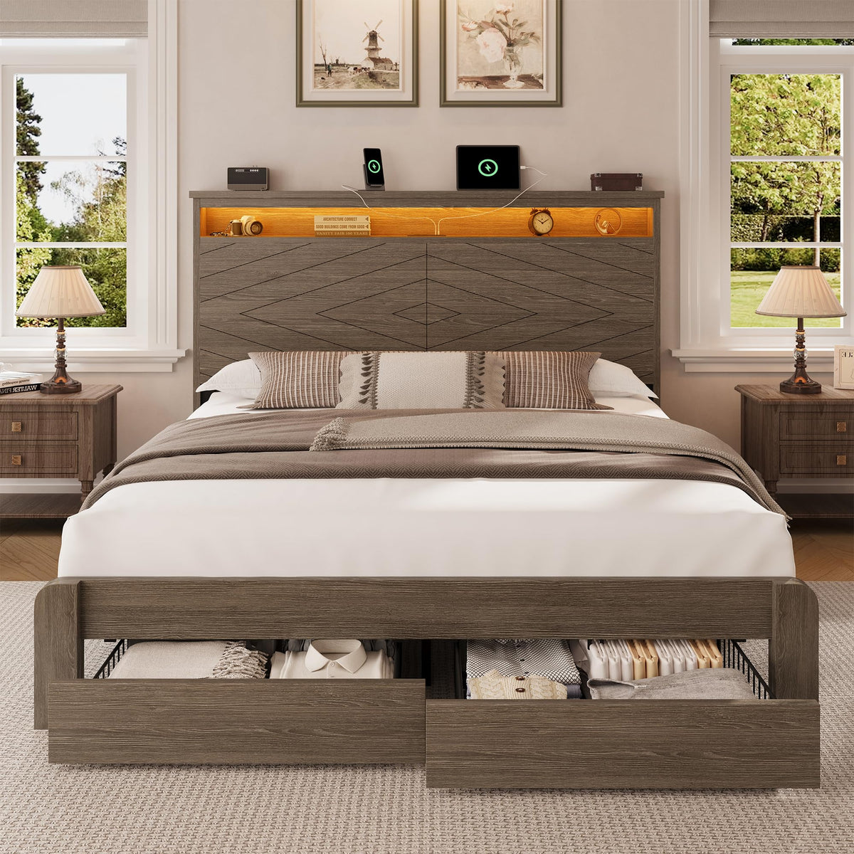 King Size Brown Wooden Platform Bed Frame with Headboard R268