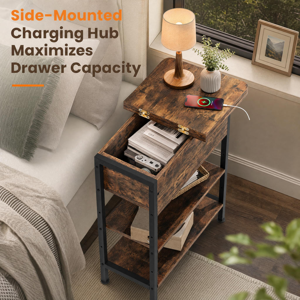 Brown Flip Top End Table with Charging Station and 3 Tier Storage X68669