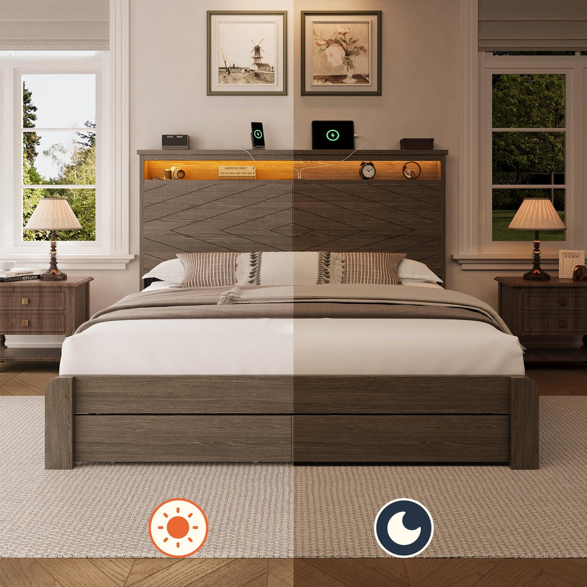 King Size Brown Wooden Platform Bed Frame with Headboard R268