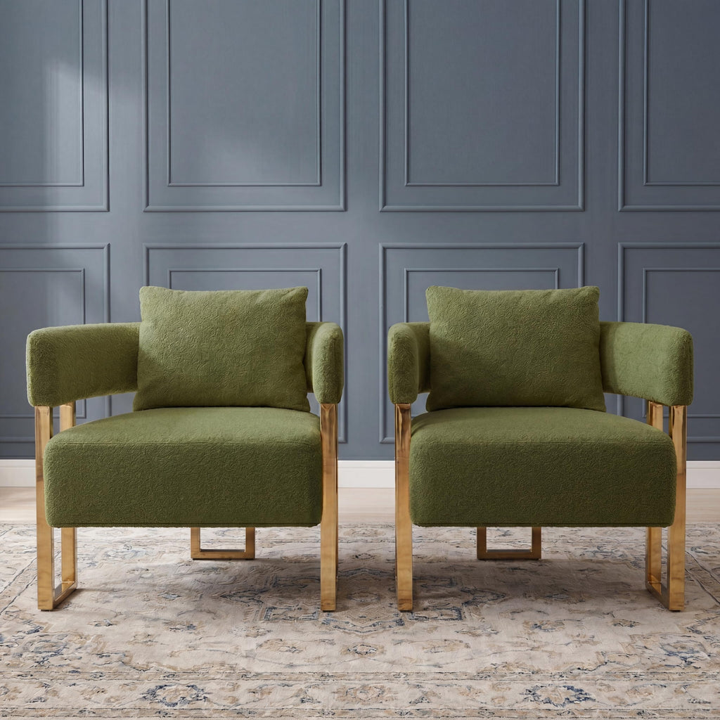 Green Teddy Upholstered Arm Chairs Set of 2 with Metal Legs M125