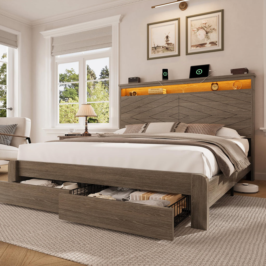 King Size Brown Wooden Platform Bed Frame with Headboard R268