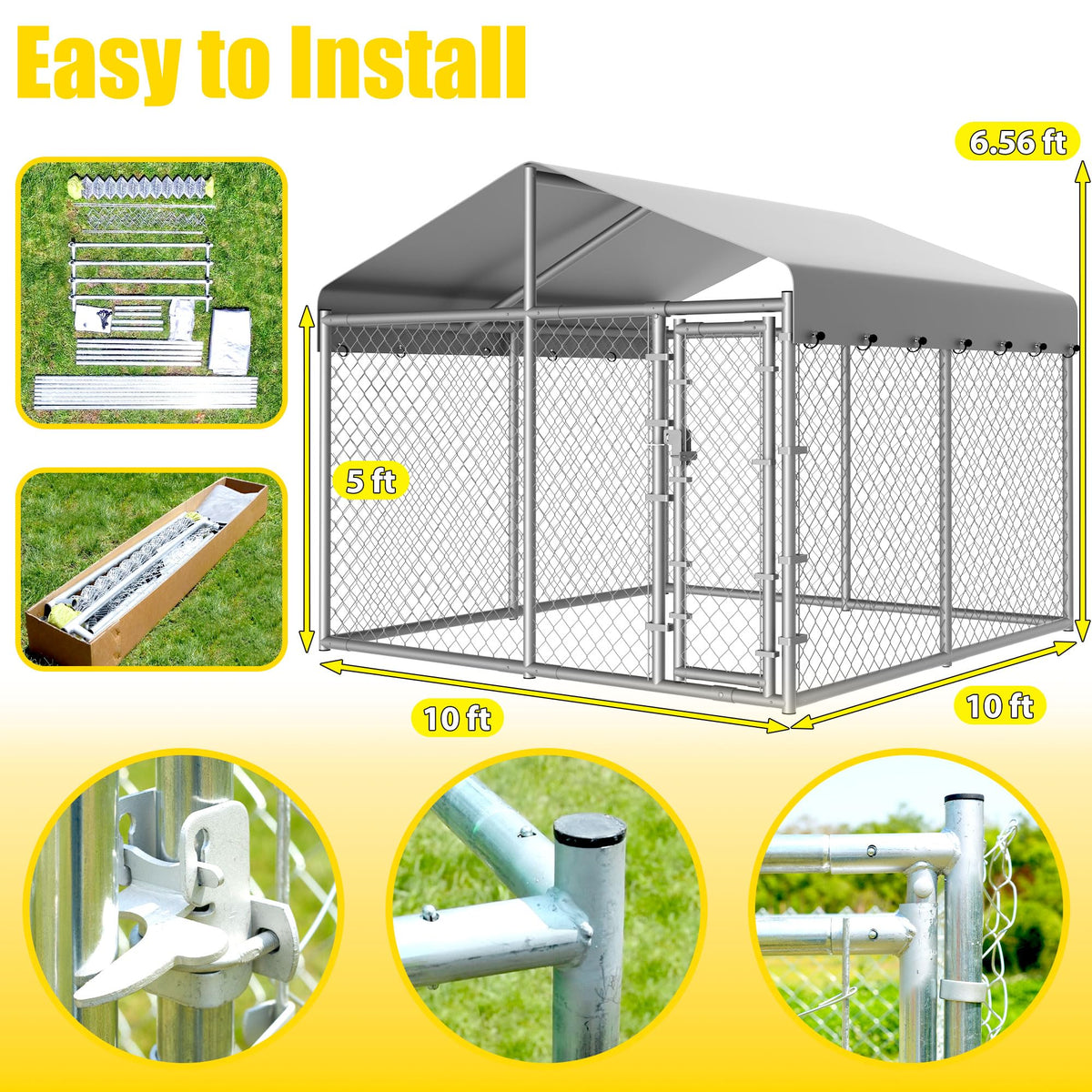 10 x 10 x 6.56 ft Galvanized Chain Link Dog Kennel with Roof B431221